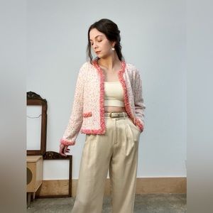 Zara Cream Pink Orange Multi Color Confetti Fringe Tweed Cardigan Jacket